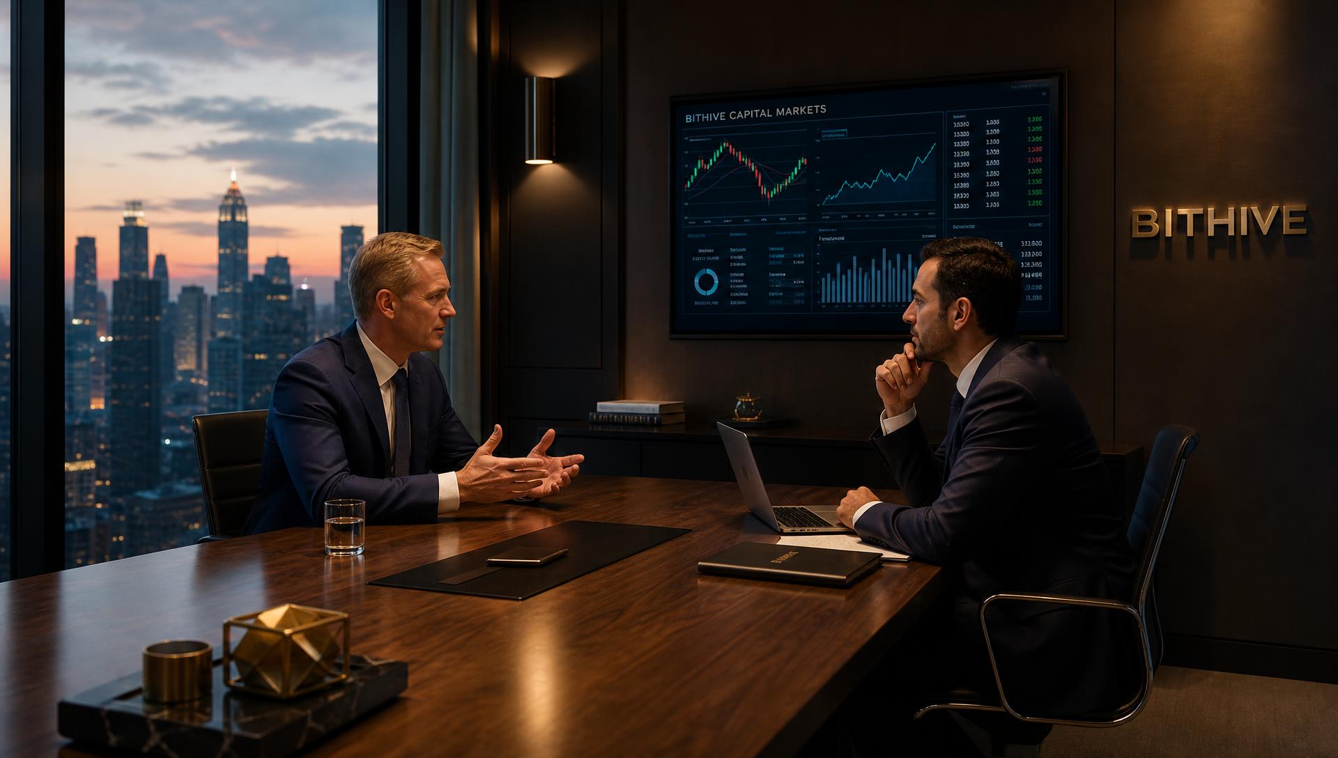 Executives in a Bithive corporate banking meeting room reviewing markets on a wall display above a city skyline