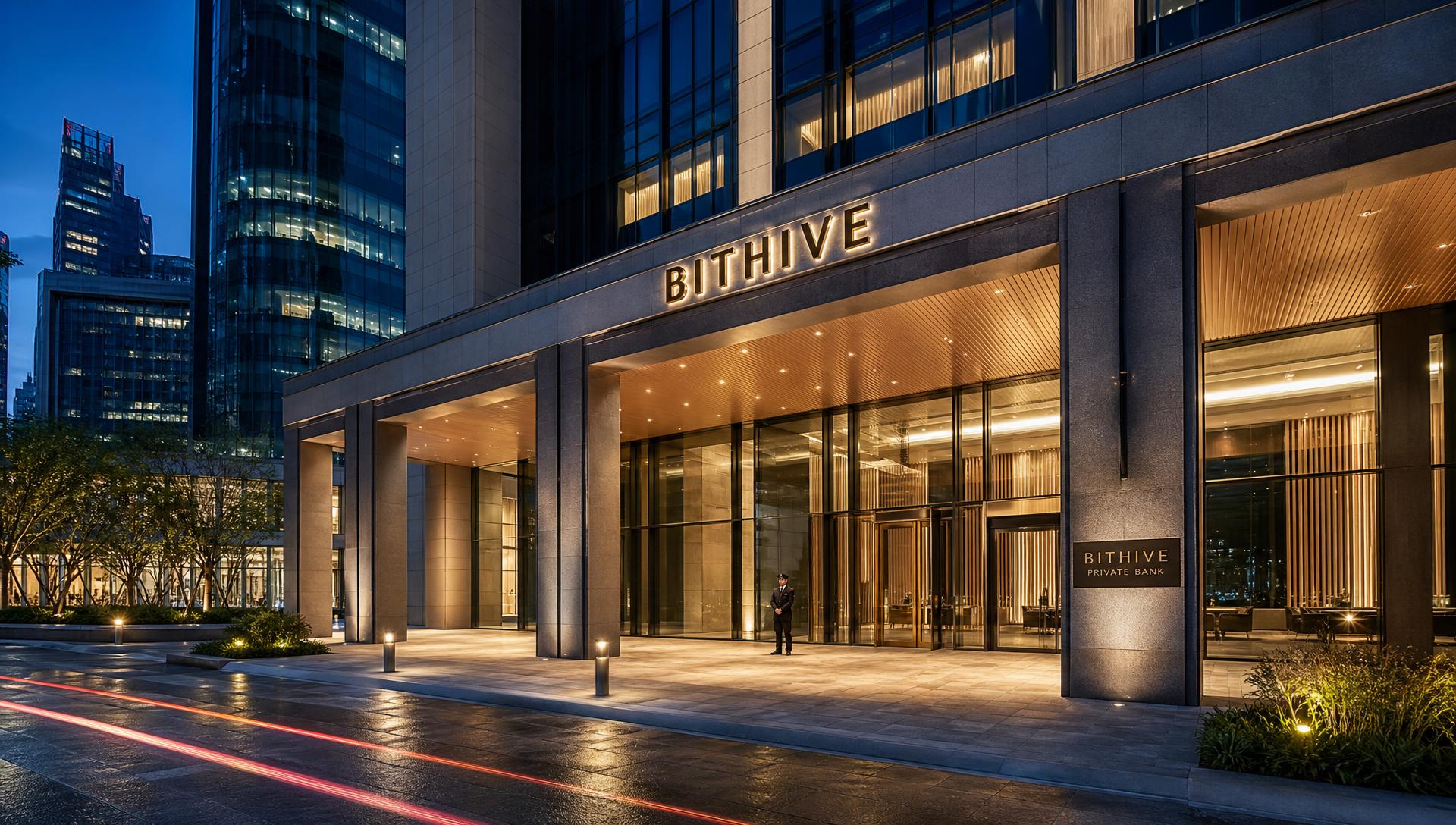 The Bithive Financial headquarters entrance at blue hour, glass and stone facade with illuminated Bithive signage