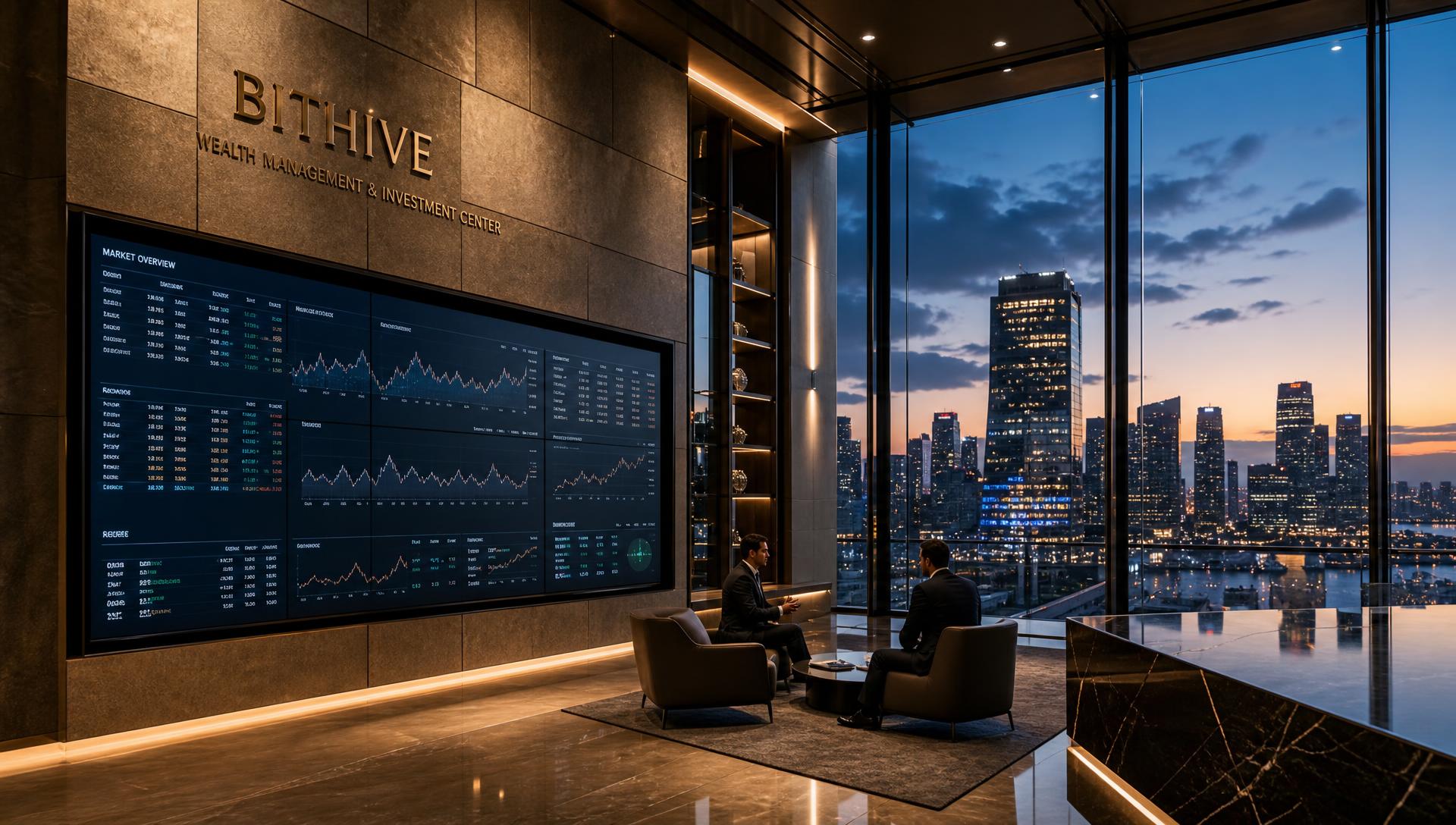 The Bithive Wealth Management and Investment Center with a wall of market displays overlooking a financial city at dusk